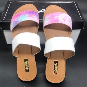 Woman’s pink sandals tie dye & white strap flats, size 5.5, brand new in box